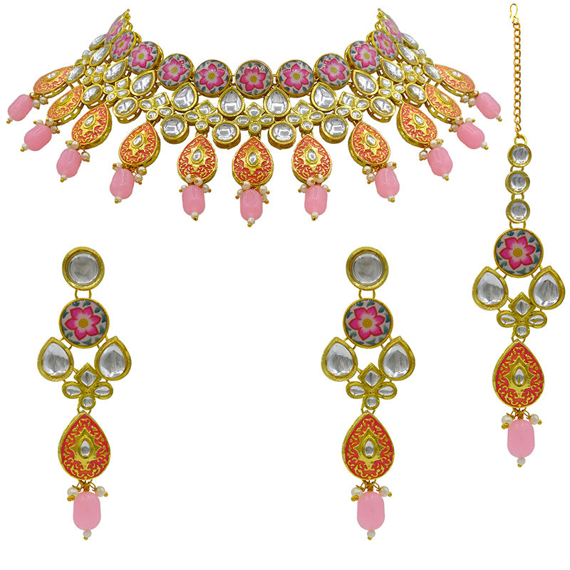 Sujwel Gold Plated Kundan Floral Design Choker Necklace Set (08-0459)