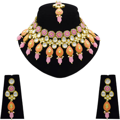 Sujwel Gold Plated Kundan Floral Design Choker Necklace Set (08-0459)