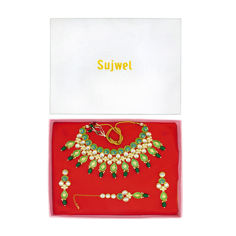 Sujwel Gold Plated Kundan Floral Design Choker Necklace Set (08-0459)