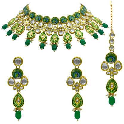 Sujwel Gold Plated Kundan Floral Design Choker Necklace Set (08-0459)