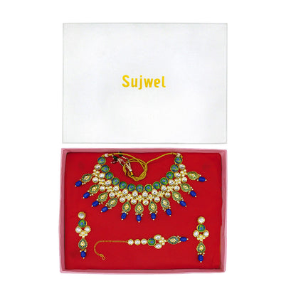 Sujwel Gold Plated Kundan Floral Design Choker Necklace Set (08-0459)