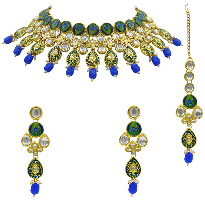 Sujwel Gold Plated Kundan Floral Design Choker Necklace Set (08-0459)