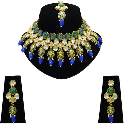 Sujwel Gold Plated Kundan Floral Design Choker Necklace Set (08-0459)