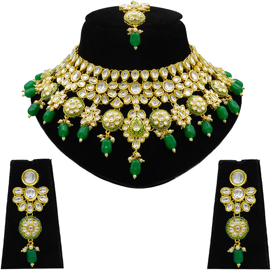 Sujwel Gold Kundan Necklace And Earrings With Maangtikka (08-0508)