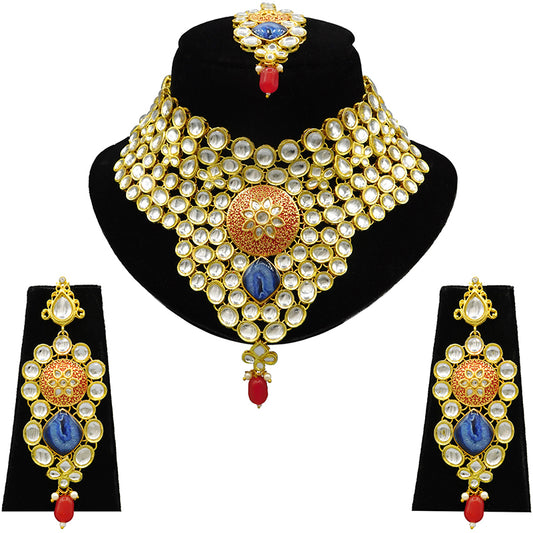 Sujwel Gold Kundan Necklace And Earrings With Maangtikka (08-0509)