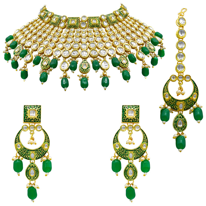 Sujwel Gold Plated Kundan Meenakari Choker Necklace Set (08-0469)