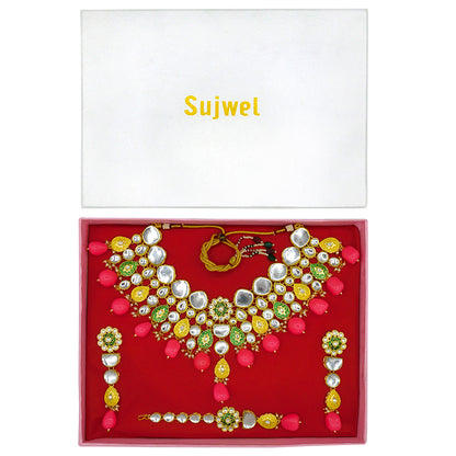 Sujwel Gold Plated Kundan Floral Design Choker Necklace Set For woman (08-0470)