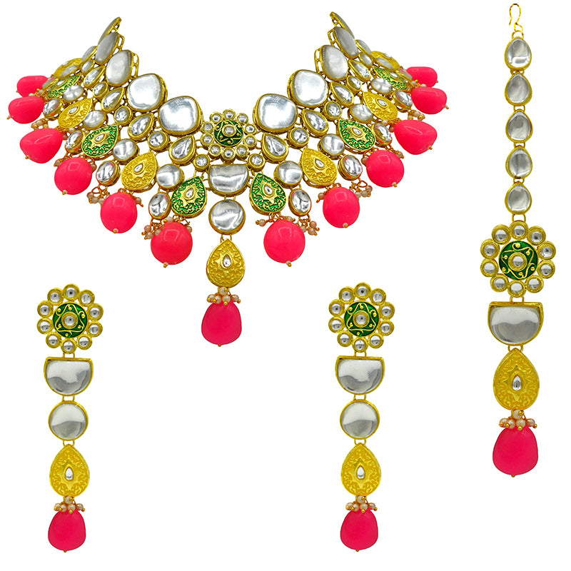 Sujwel Gold Plated Kundan Floral Design Choker Necklace Set For woman (08-0470)