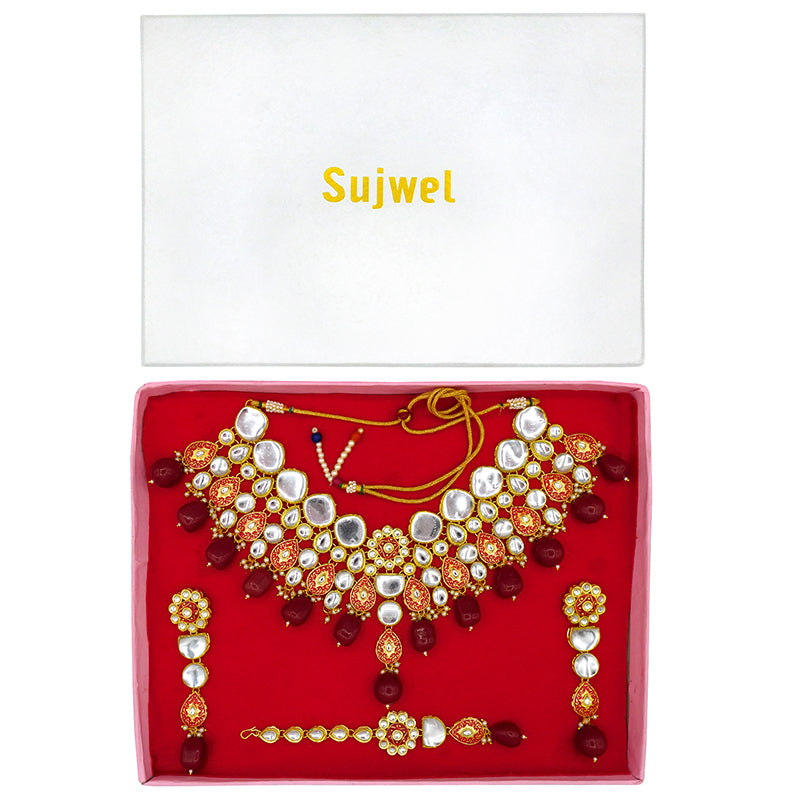 Sujwel Gold Plated Kundan Floral Design Choker Necklace Set For woman (08-0470)