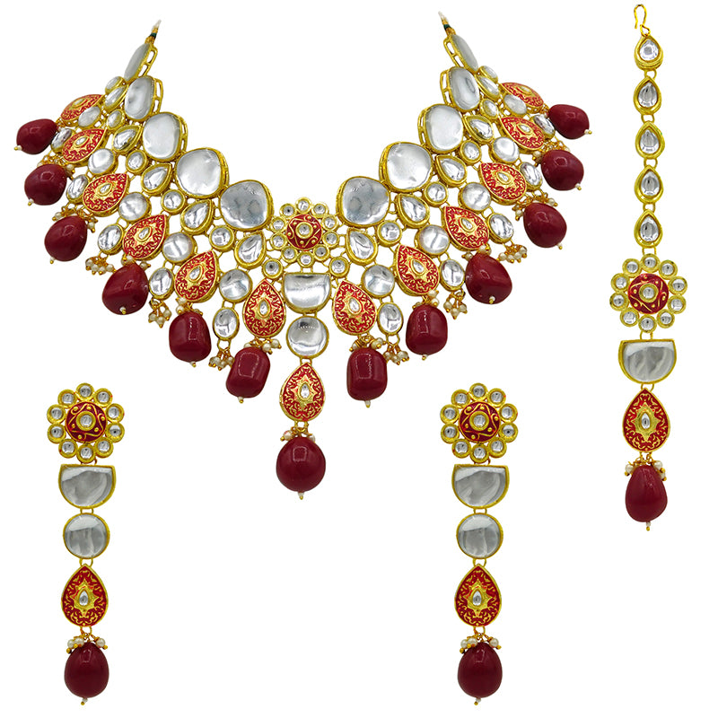 Sujwel Gold Plated Kundan Floral Design Choker Necklace Set For woman (08-0470)