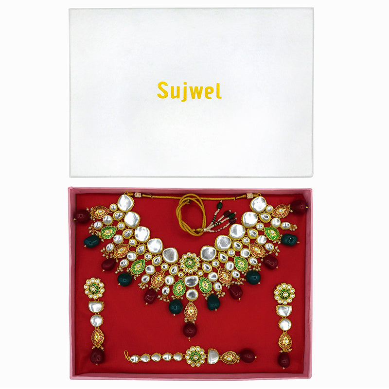 Sujwel Gold Plated Kundan Floral Design Choker Necklace Set For woman (08-0470)