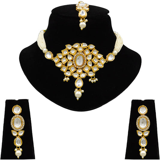 Sujwel Gold Kundan Necklace And Earrings With Maangtikka (08-0510)