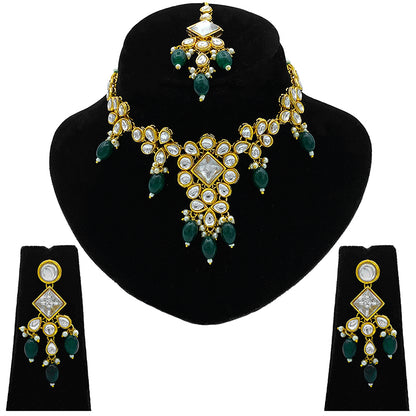 Sujwel Gold Kundan Necklace And Earrings With Maangtikka (08-0501)