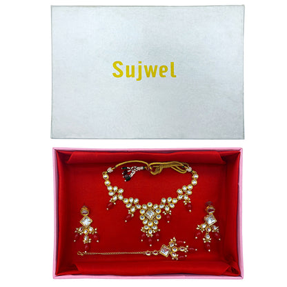 Sujwel Gold Kundan Necklace And Earrings With Maangtikka (08-0501)