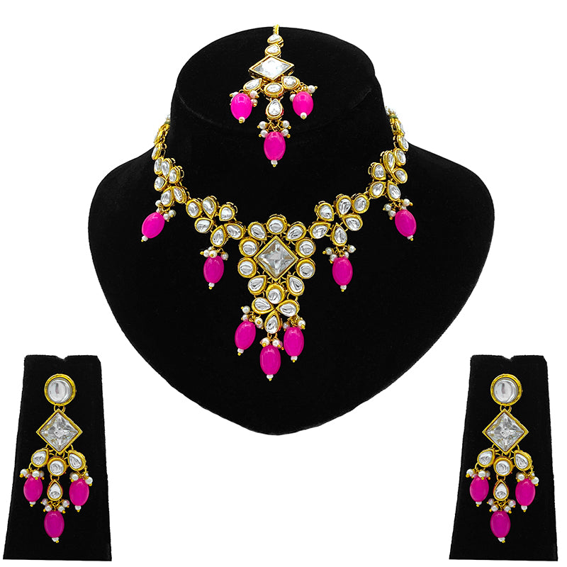 Sujwel Gold Kundan Necklace And Earrings With Maangtikka (08-0501)