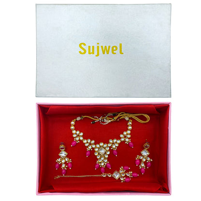 Sujwel Gold Kundan Necklace And Earrings With Maangtikka (08-0501)