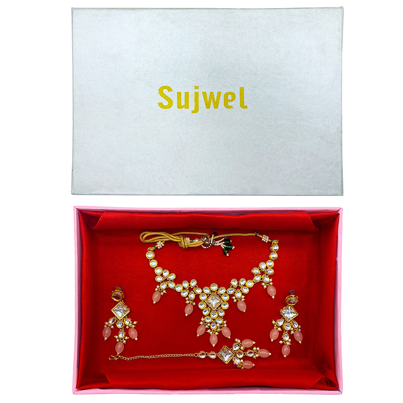 Sujwel Gold Kundan Necklace And Earrings With Maangtikka (08-0501)