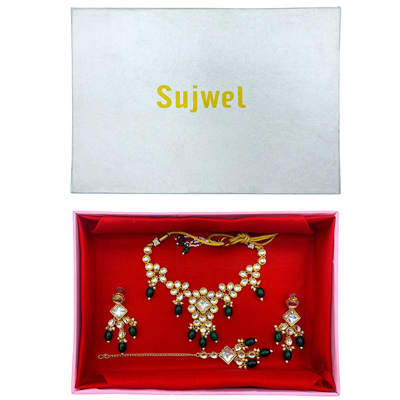 Sujwel Gold Kundan Necklace And Earrings With Maangtikka (08-0501)