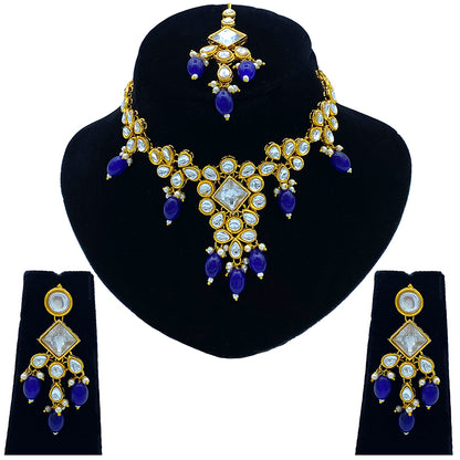 Sujwel Gold Kundan Necklace And Earrings With Maangtikka (08-0501)