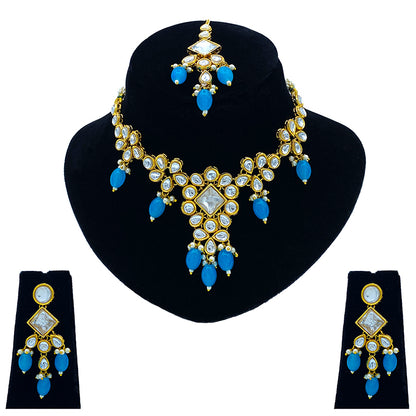 Sujwel Gold Kundan Necklace And Earrings With Maangtikka (08-0501)