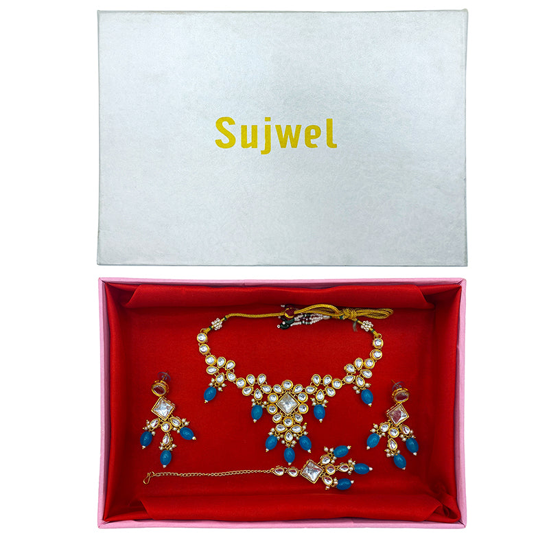 Sujwel Gold Kundan Necklace And Earrings With Maangtikka (08-0501)