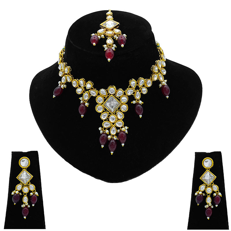 Sujwel Gold Kundan Necklace And Earrings With Maangtikka (08-0501)