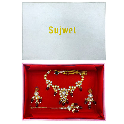 Sujwel Gold Kundan Necklace And Earrings With Maangtikka (08-0501)