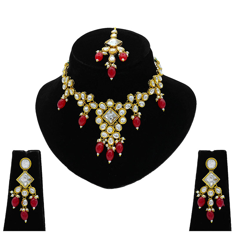 Sujwel Gold Kundan Necklace And Earrings With Maangtikka (08-0501)