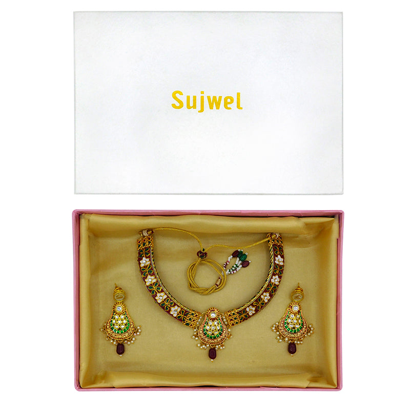 New Sujwel Imitation Hathi Dant Gold Necklace Set (08-0472)