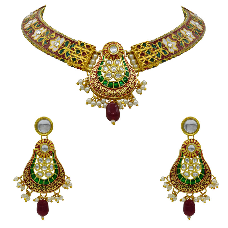 New Sujwel Hathi Dant Gold Necklace Set (08-0472)