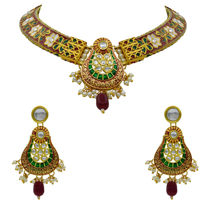 New Sujwel Imitation Hathi Dant Gold Necklace Set (08-0472)