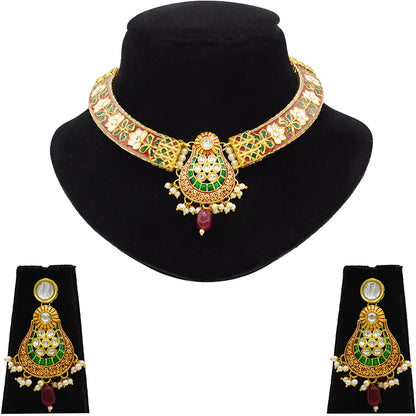 New Sujwel Imitation Hathi Dant Gold Necklace Set (08-0472)