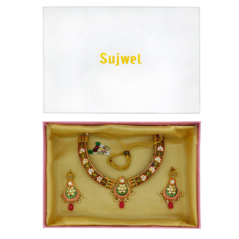 New Sujwel Imitation Hathi Dant Gold Necklace Set (08-0472)