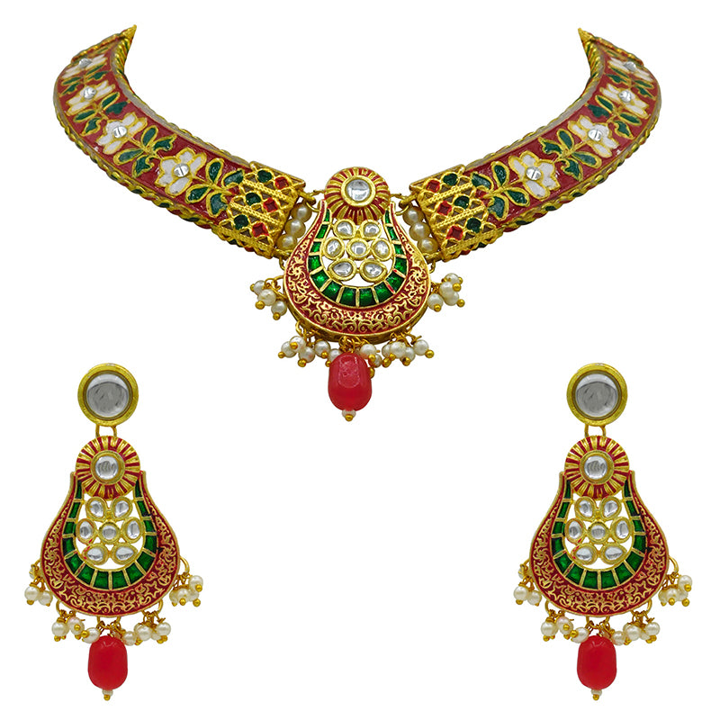 New Sujwel Hathi Dant Gold Necklace Set (08-0472)