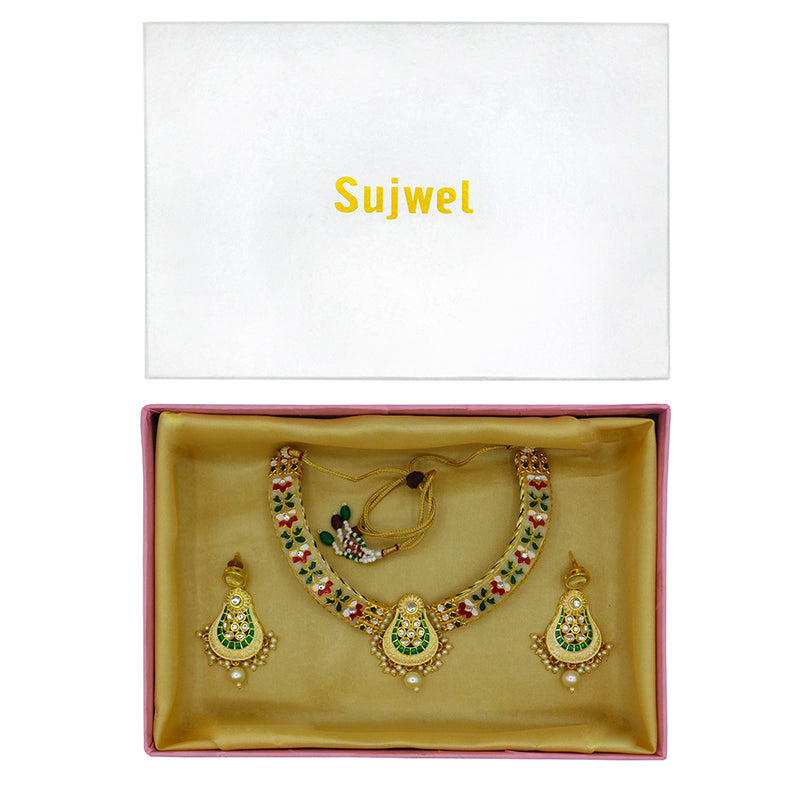 New Sujwel Imitation Hathi Dant Gold Necklace Set (08-0472)