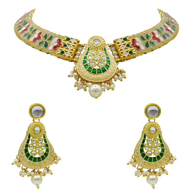 New Sujwel Imitation Hathi Dant Gold Necklace Set (08-0472)