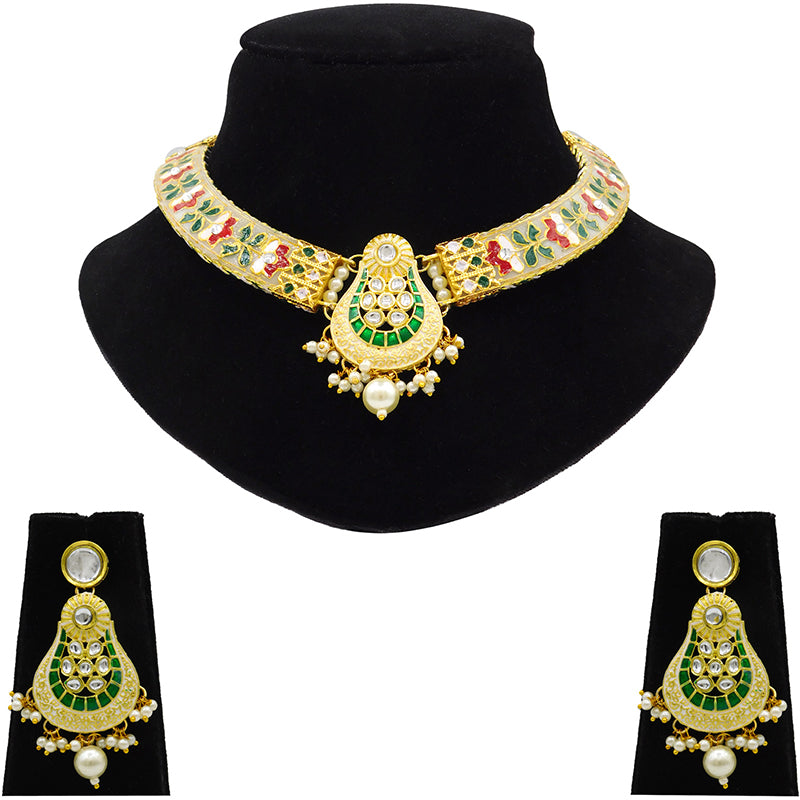 New Sujwel Imitation Hathi Dant Gold Necklace Set (08-0472)