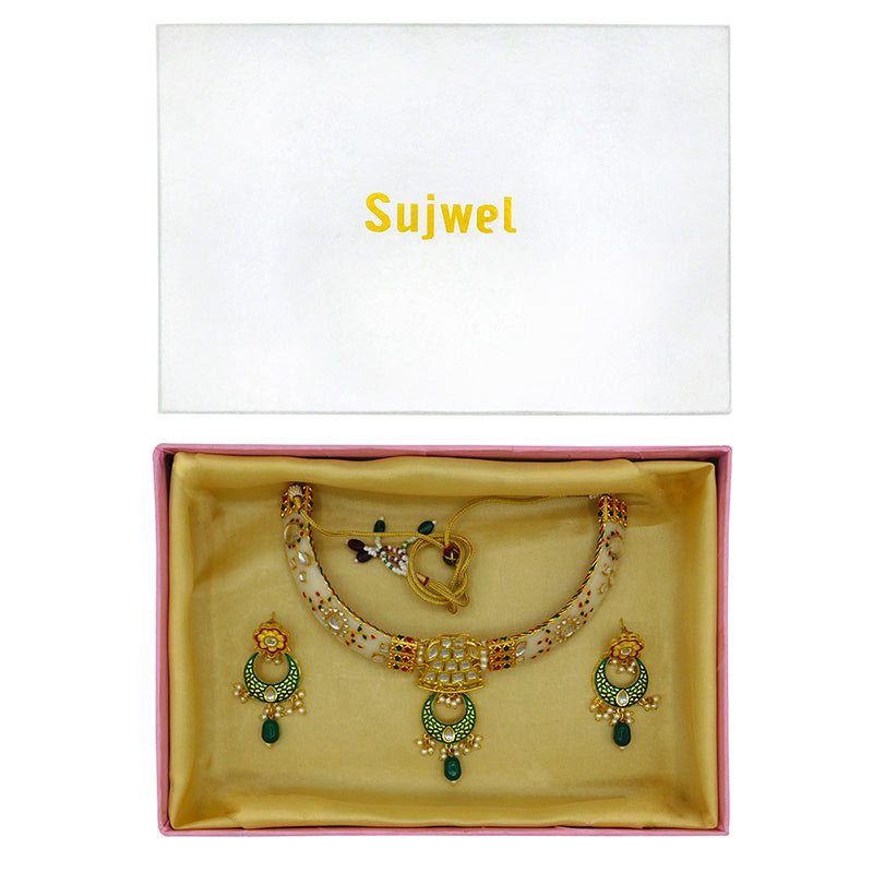 New Sujwel Hathi Dant Gold Necklace Set (08-0475)