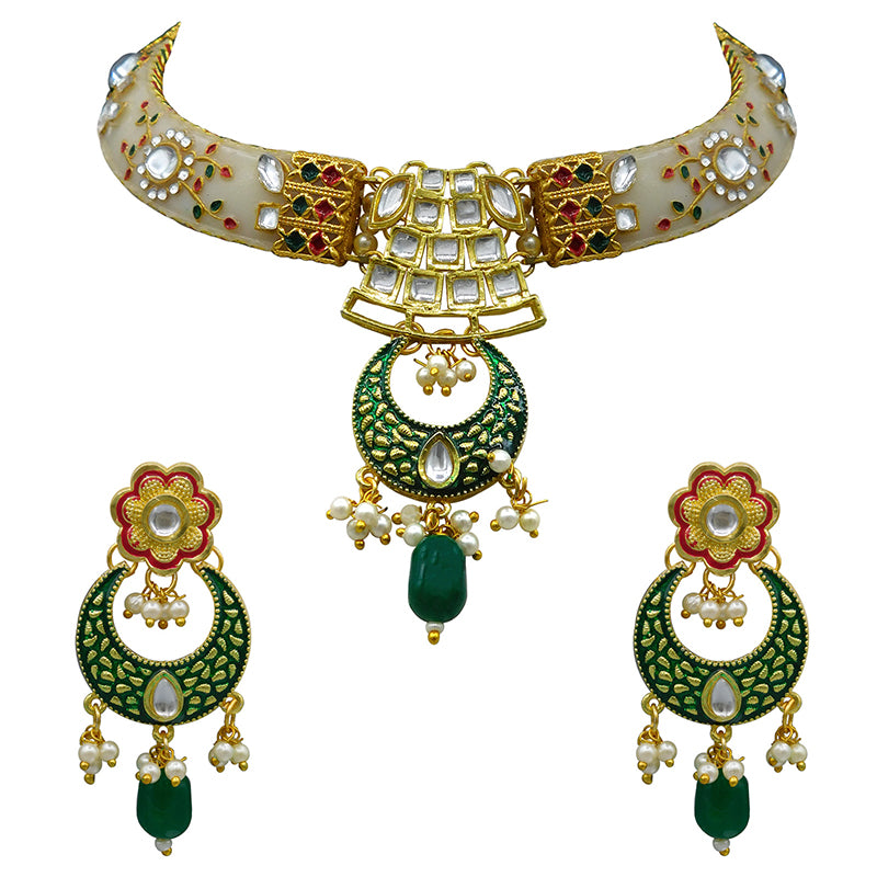 New Sujwel Imitation Hathi Dant Gold Necklace Set (08-0475)