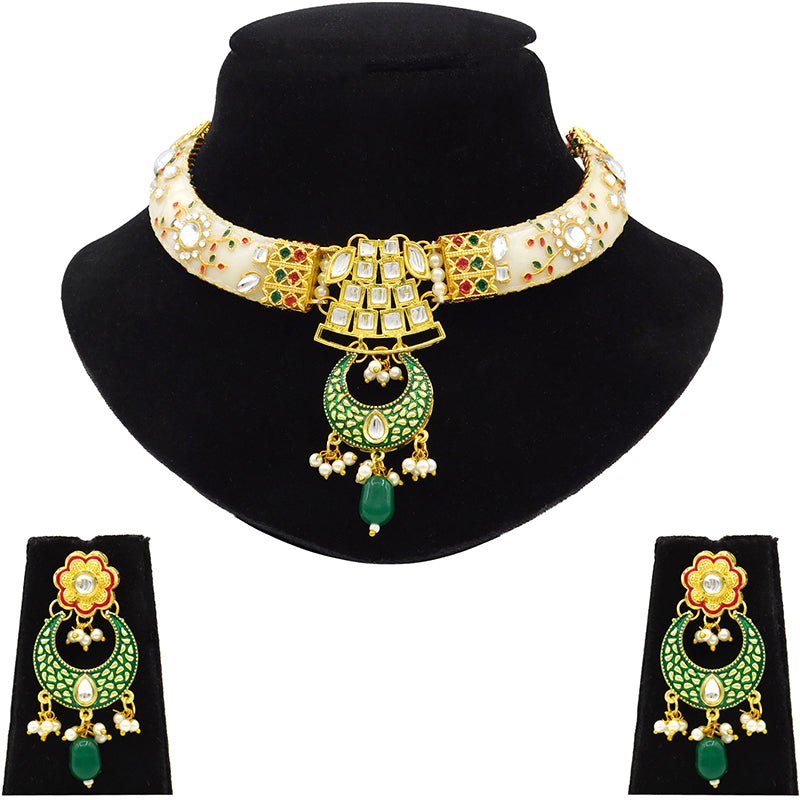 New Sujwel Imitation Hathi Dant Gold Necklace Set (08-0475)