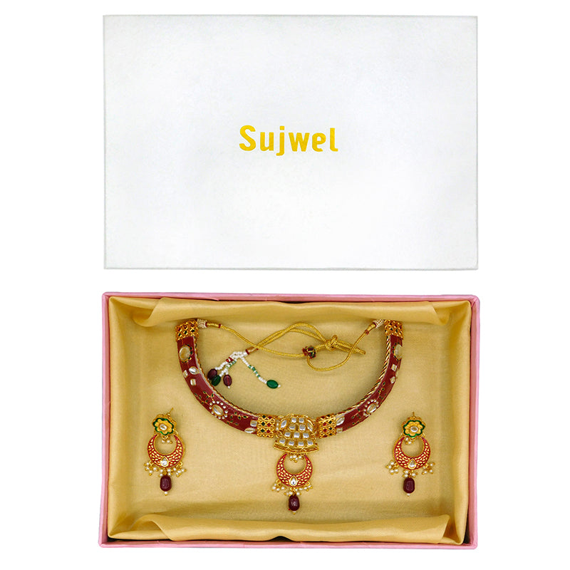 New Sujwel Hathi Dant Gold Necklace Set (08-0475)