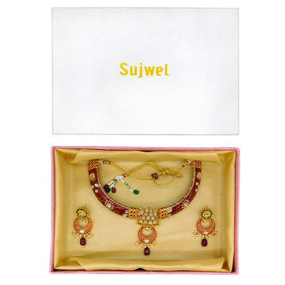 New Sujwel Imitation Hathi Dant Gold Necklace Set (08-0475)