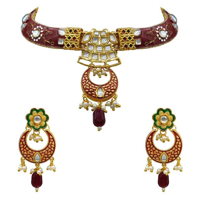 New Sujwel Imitation Hathi Dant Gold Necklace Set (08-0475)