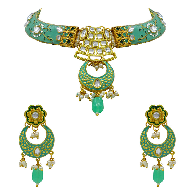 New Sujwel Imitation Hathi Dant Gold Necklace Set (08-0475)