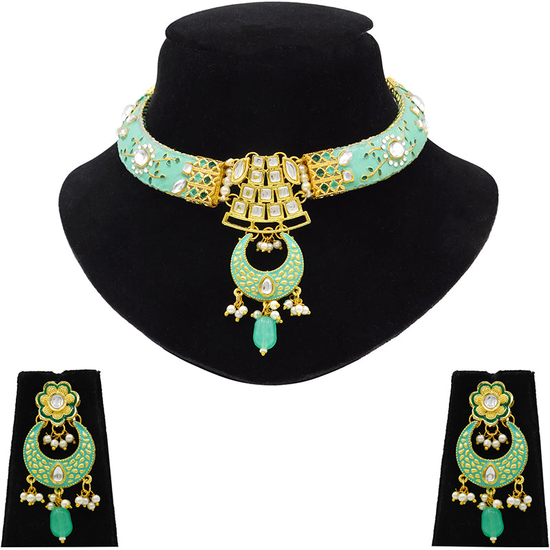 New Sujwel Imitation Hathi Dant Gold Necklace Set (08-0475)