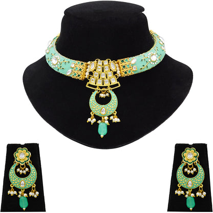 New Sujwel Hathi Dant Gold Necklace Set (08-0475)