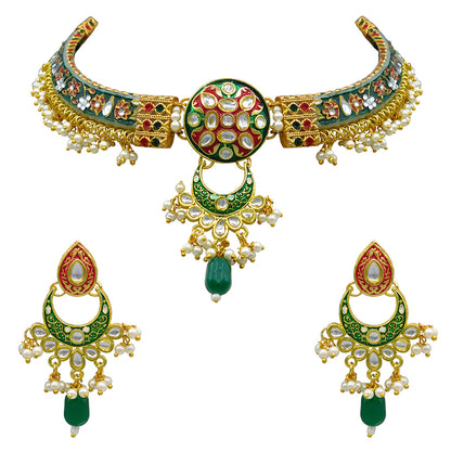 New Sujwel Hathi Dant Gold Necklace Set (08-0489)