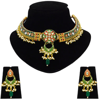 New Sujwel Hathi Dant Gold Necklace Set (08-0489)