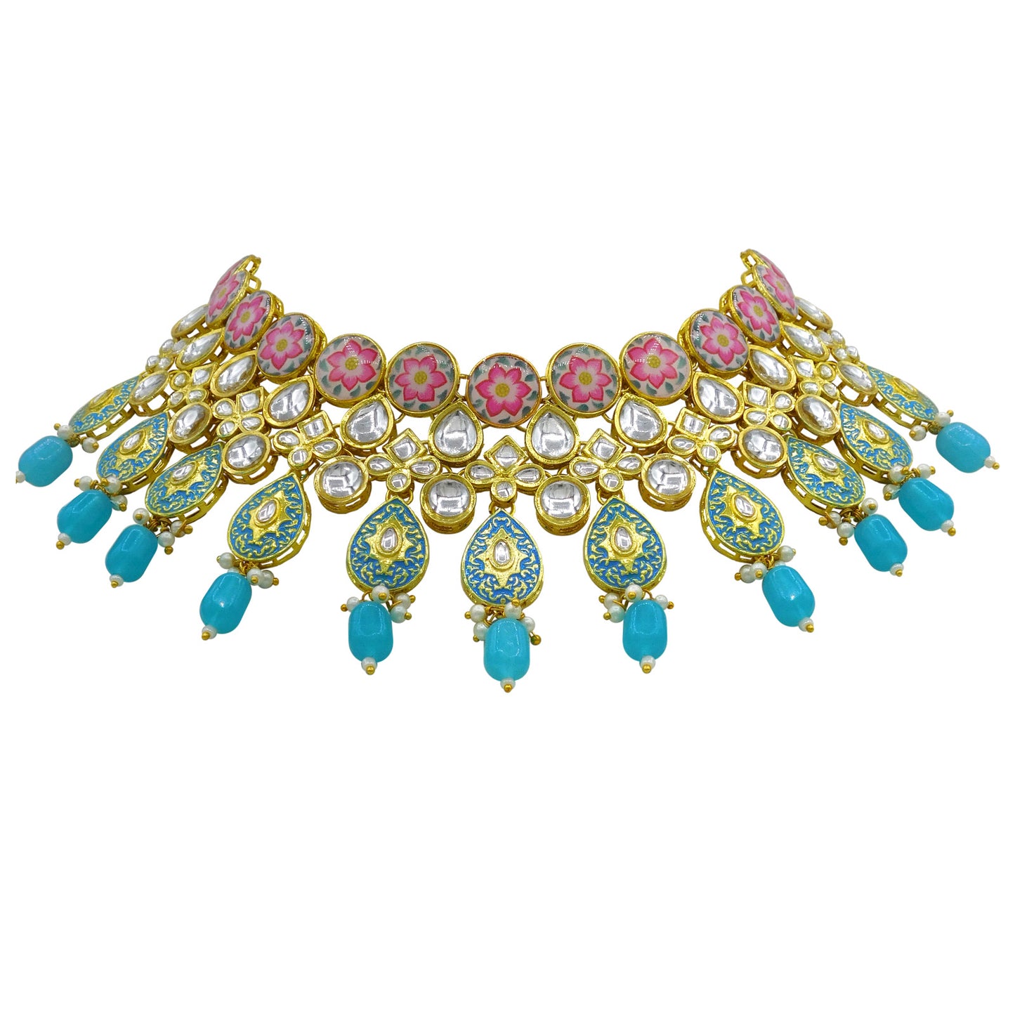 Sujwel Gold Plated Kundan Floral Design Choker Necklace Set (08-0459)