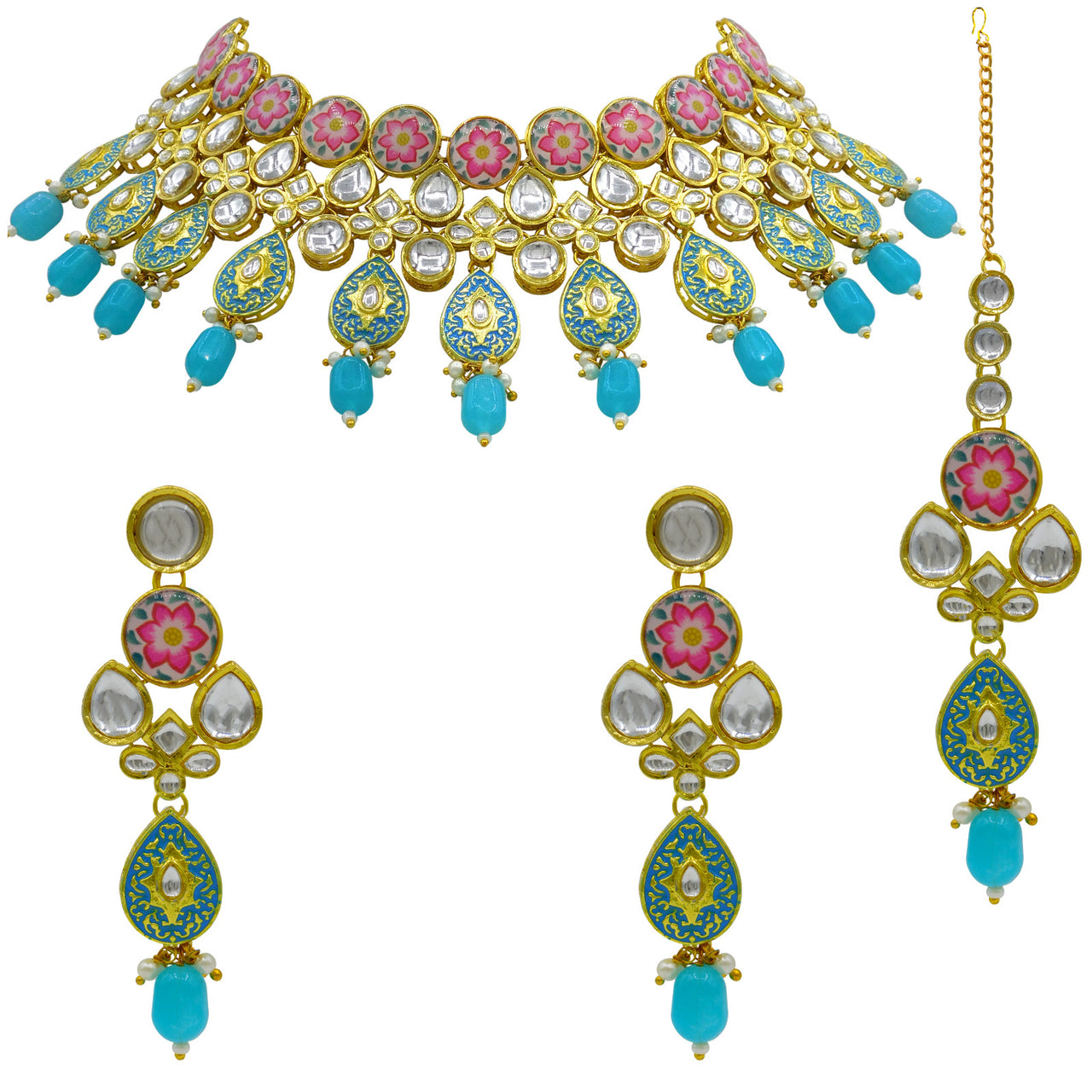Sujwel Gold Plated Kundan Floral Design Choker Necklace Set (08-0459)